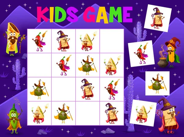 Sudoku Kids Game Cartoon Tex Mex Mexican Food Wizard Characters — Wektor stockowy