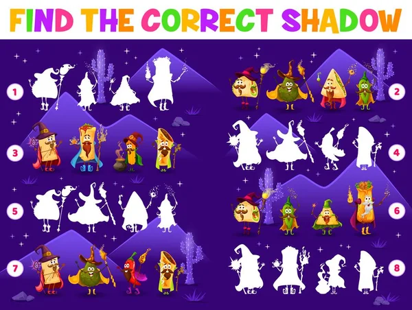 Shadow Matching Game Cartoon Tex Mex Mexican Food Wizard Characters — Stok Vektör