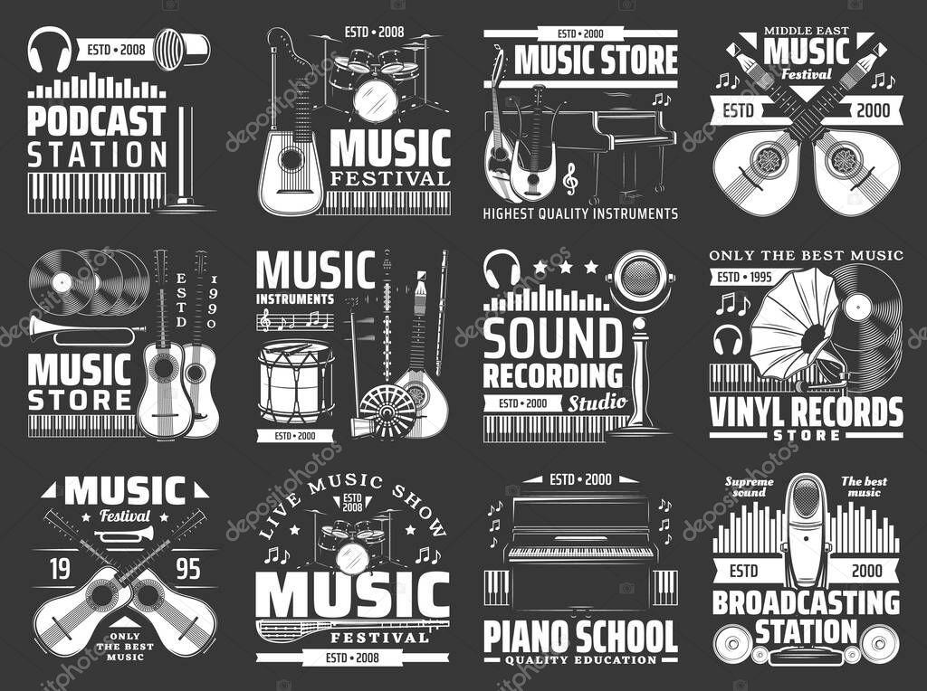 Music instrument, vinyl record and microphone vector icons. Drum, guitar, piano and musical notes, lute, saz and harp guitar, headphone and microphone, recording studio, broadcast, radio station signs