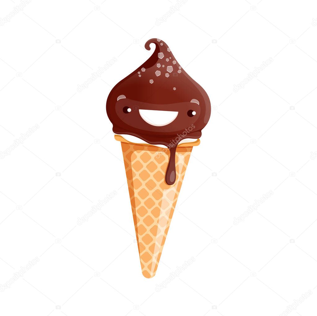 Cartoon chocolate ice cream character. Vector kawaii waffle cone dessert, cute personage with choco, glaze and sprinkles. Isolated smiling ice cream, refreshment summer snack