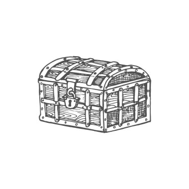 Chest of gold with closed lock isolated treasures of pirates monochrome sketch icon. Vector container wood crate symbol of wealth, antique trunk. Magic mystery jewelry, gui game design element