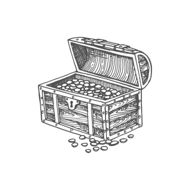 Chest with golden coins isolated monochrome sketch icon. Vector treasures of pirates, wooden crate symbol of wealth, antique open trunk with jewelry, casket with royal treasures, casket trophy