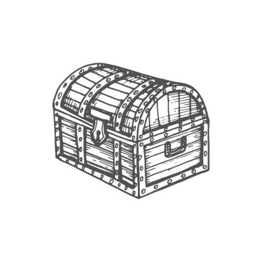 Closed chest of gold, magic mystery jewelry case isolated monochrome sketch icon, gui game design element. Treasures of pirates, container with lock, wood crate symbol of wealth, antique trunk