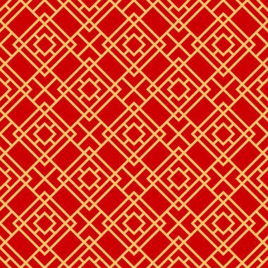 Traditional asian seamless pattern korean, chinese and japanese ornament. Vector oriental ornament in golden red colors, wallpaper textile design elements. Moroccan or islam tile, baroque background