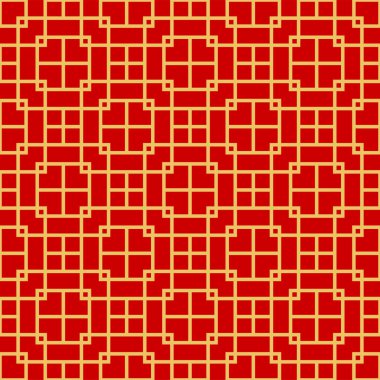 Moroccan or islam tile, baroque background traditional asian seamless pattern. Vector korean, chinese and japanese ornament with golden circles on red textile. Oriental wallpaper damask arabesque