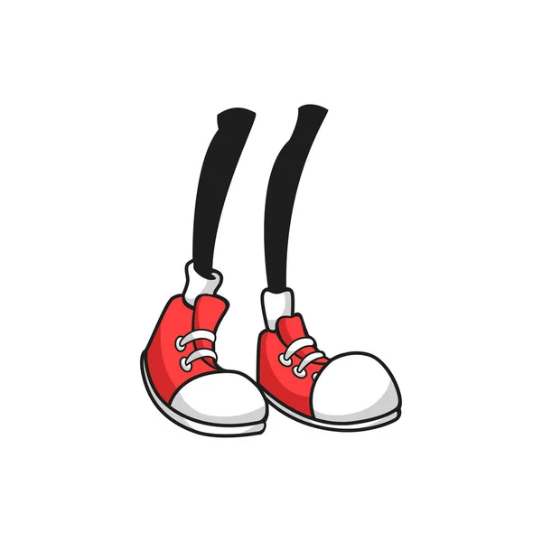 Funny human legs in red shoes boots with white toe isolated. Vector boots with white sole and toe, comic character mascot. Retro footwear object, cute human trainers, funny trainers for children