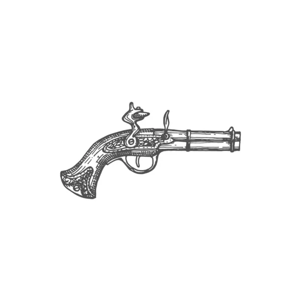 Musket Gun Weapon Pirates Isolated Monochrome Sketch Icon Vector Ancient — 스톡 벡터