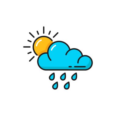 Weather forecast, cloud, rain and sun icon, vector color outline symbol. Rainy day weather forecast of overcast with heavy showers and cold drizzle
