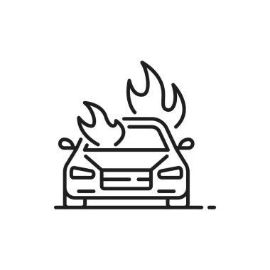 Car collision, accident or damage thin line icon. Automobile damage in fire or disaster icon with car in flames. Car road crash, collision or vehicle driving safety outline vector pictogram or icon