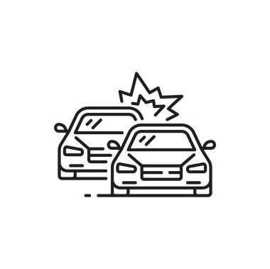 Car crash, collision or road accident thin line icon. Vehicle collision, car driving safety and rules violation outline icon. Automobile damage in road crash simple sign with two cars clash on road