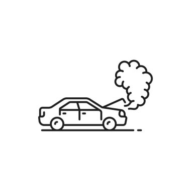 Car damage, collision or crash line icon. Traffic violation simple vector symbol, vehicle driving safety or car damage in road crash, collision outline icon with smoke comes from under hood of car