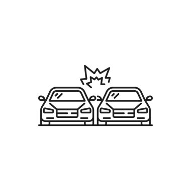 Car crash, damage or road accident thin line icon. Car driving safety, vehicle damage in accident or violation outline sign. Automobile collision on road line vector pictogram with two cars crashing