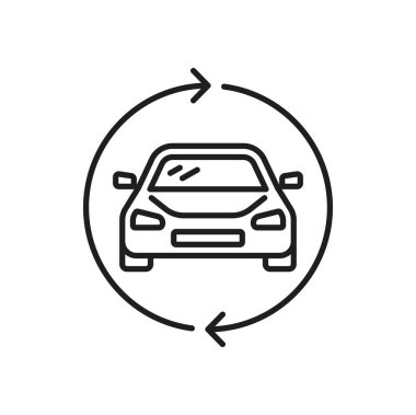 Carpool share, constant using of car share service. Ride-sharing and lift-sharing, carpooling or car-sharing linear icon. Multiple car rent in circling arrows