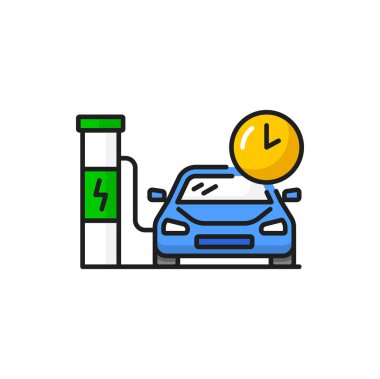 Car share service, charge in time, petrol or electric station. Rent by hour linear icon. Car-lifting, modern business with cars on rent or change
