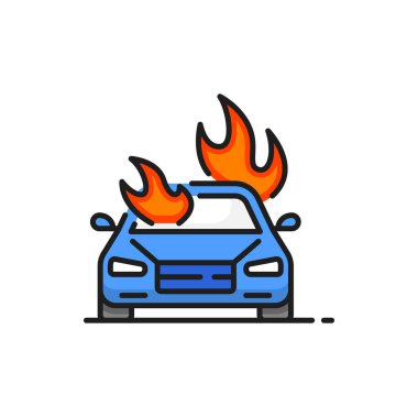Car in fire isolated crash or damage of vehicle flat line icon. Automobile transport accident, car burn in flame, damage or engine wrack