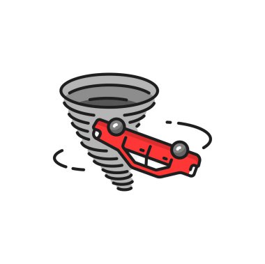Tornado twisted red car isolated line icon. Natural disaster, vector deadly strong wind damages automobiles. Catastrophe with whirlwind