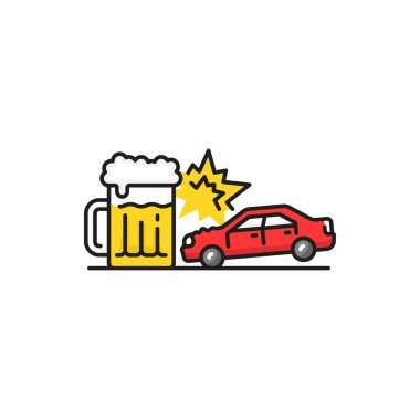 Drunk driver, isolated crashed car into beer glass line icon. Accident on road due to drive under alcohol, collision or damage of vehicle