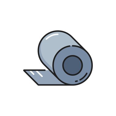 Roll of metal foil isolated outline PVC film, heavy metal galvanized product. Stainless steel sheet rolled into reel bobbin, manufacturing welding scroll