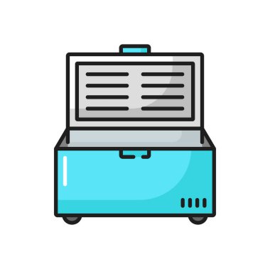 Ice cream freezer, fridge showcase with door in grocery store, supermarket color line icon. Vector industrial fridge, bar chiller open device for frozen food. Horizontal modern shop refrigerator