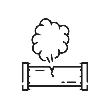 Corrosion rusty through valve tube steam gas leak pipeline isolated outline icon. Vector pressure and leakage in factory piping system, engineering failure, plumbing maintenance and repair