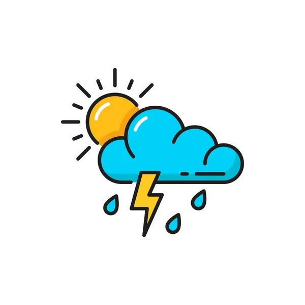 Weather forecast icon, thunderstorm rain, sun and cloud overcast, vector color outline symbol. Day weather forecast of rainy storm and cloudy climate