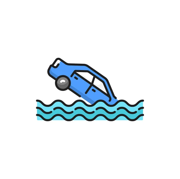 Car Falling River Sinking Vector Color Line Icon Accident Automobile — Stockvektor