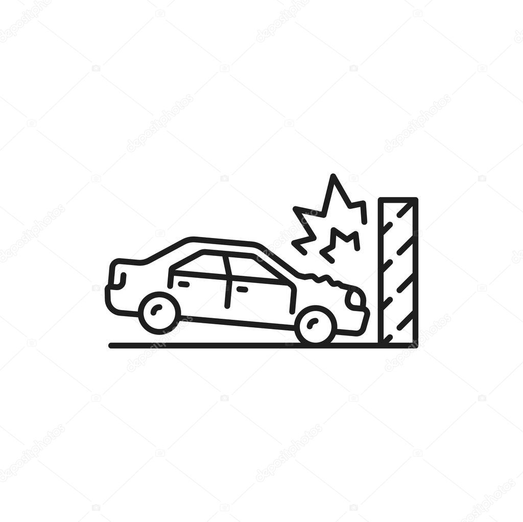 Car crash, collision or damage line icon. Car collision on road thin line vector icon. Drunk driving and safety pictogram, automobile damage, traffic rules violation symbol with car crashing in wall