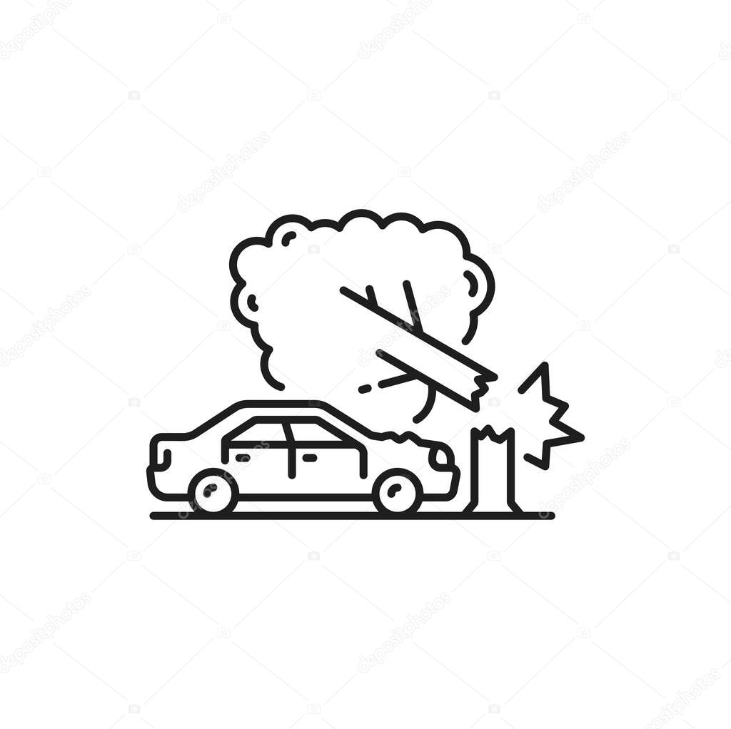 Car damage, crash or collision thin line icon. Car traffic violation simple vector icon, vehicle damage in disaster or accident sign. Automobile driving safety outline symbol with car crashing in tree