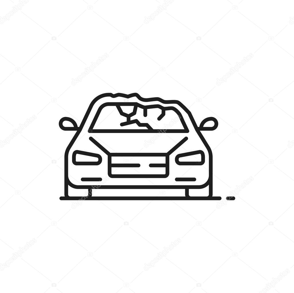 Car collision, road accident or crash line icon. Outline sign of car with damaged roof after overturning. Vehicle insurance, collision thin line vector icon or automobile damage in disaster pictogram