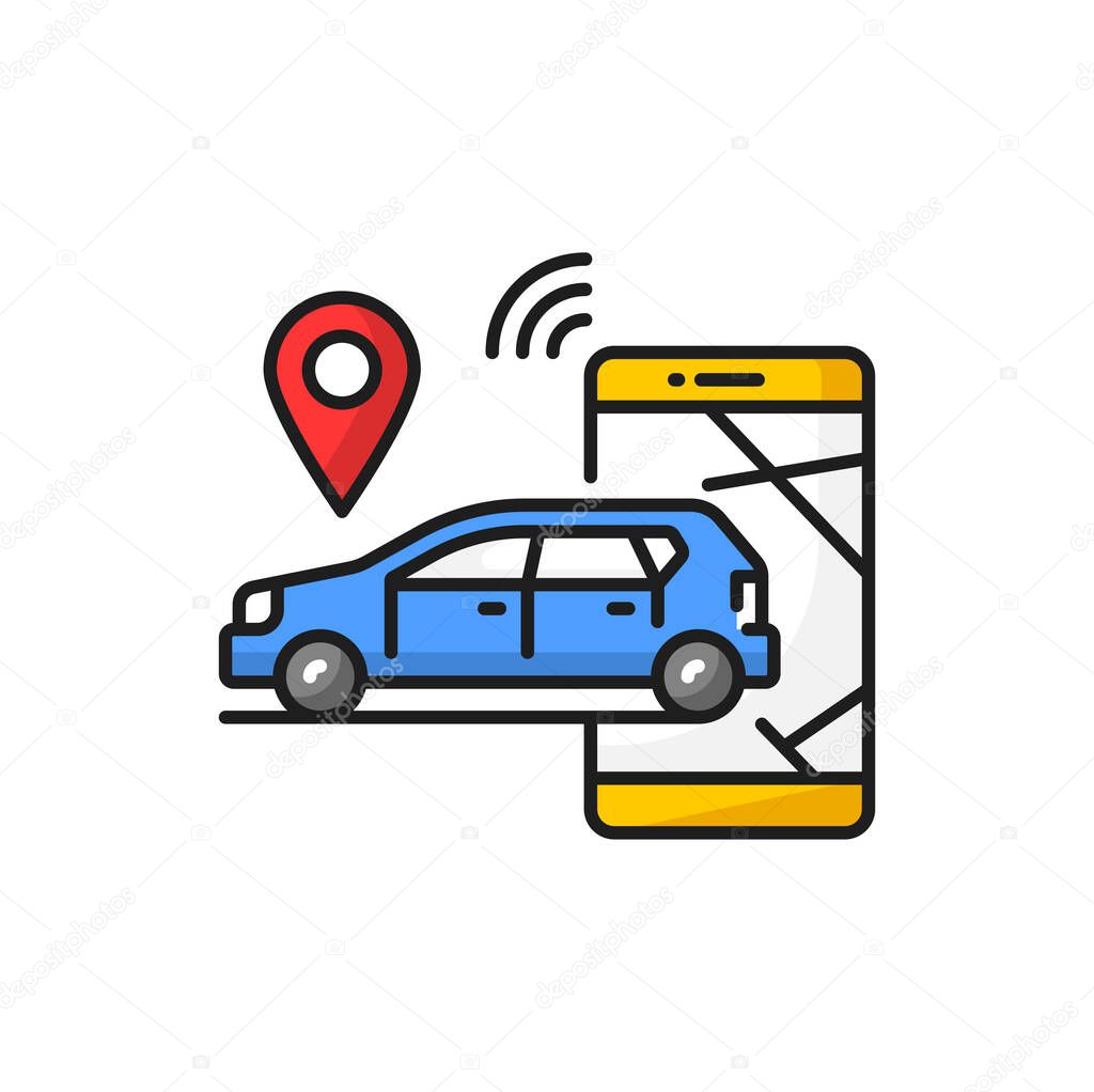Car with location mark, search by smartphone icon, search of car in mobile application. Vector find sharing or on rent vehicle, color linear sign