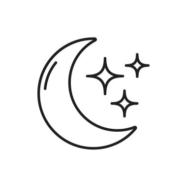 Moon and stars, time to sleep, evening or overnight thin line icon. Vector moonlight and goodnight, bedtime outline symbol. Night hours, sleeping and rest time, insomnia and crescent moon