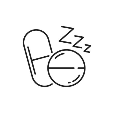 Insomnia pills and zzz or slumber sign, dose drug melatonin and sleep sound letters isolated outline icon. Vector zzz text, sleeping, rest and bedtime and sleep time, hibernation and relax medicament