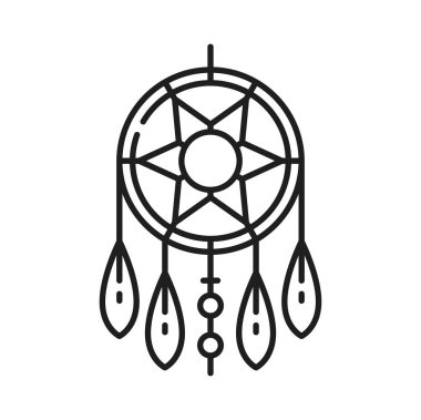 Indians native americans decoration isolated dreamcatcher outline icon. Vector ethnic art object, boho dream catcher chic line art design. Small hoop with horsehair mesh, feathers tribal gypsy symbol