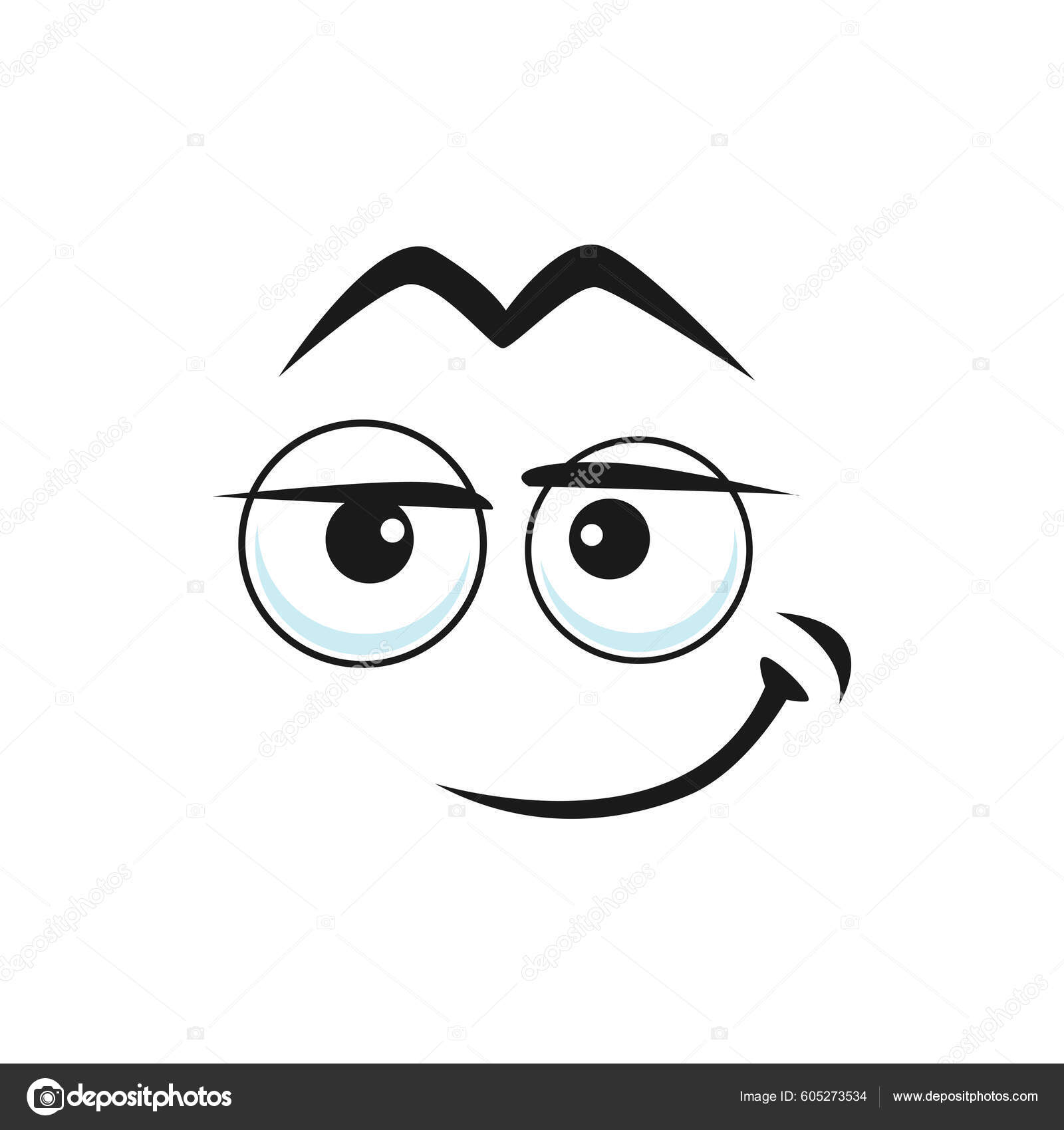 Cartoon Face Vector Funny Smirk Smile Emoji Satisfied Relaxed ..., حجم الصورة 1600x1700