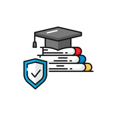 Education insurance color outline icon, isolated mortar cap on pile of books and study protection shield. Education security vector sign, student safety