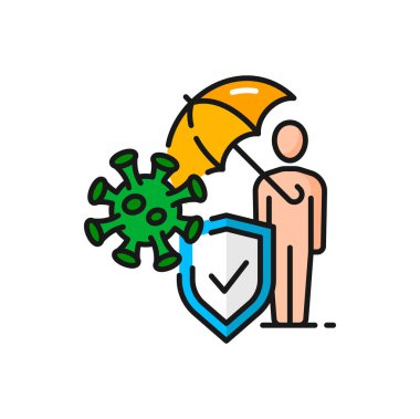 Covid insurance coverage, human coronavirus protection isolated color outline icon. Vector coronavirus protection safe zone, insurance from infection
