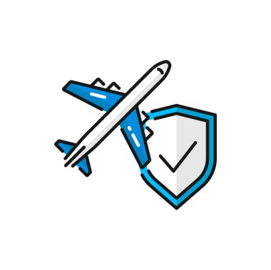Flight insurance isolated color outline icon. Vector travel security, flying airplane and shield with check mark. Safety journey on aircraft