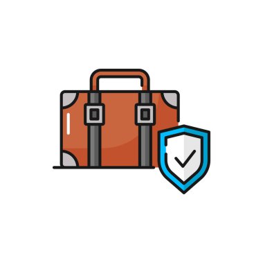 Luggage insurance isolated color outline icon. Vector suitcase sign, baggage protection security shield. Travel luggage stay safe, travel safety