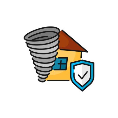 Private property insurance from natural disaster tornado isolated color outline icon. Twisted house and protective shield, building protection
