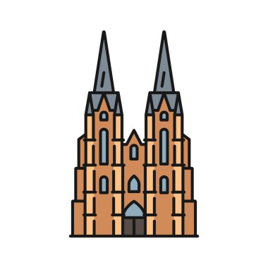 German cathedral isolated color outline icon. Vector vintage cathedral, monument of German Catholicism and Gothic architecture, religion building