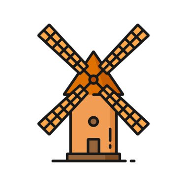 German landmark retro windmill isolated color outline icon. Vector Netherland wooden windmill, rural countryside traditional Dutch stone mill