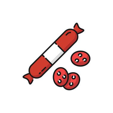 Butchery food German sausage meat whole and cut color outline icon. Vector bratwurst sausage from chicken or turkey, Germany traditional food