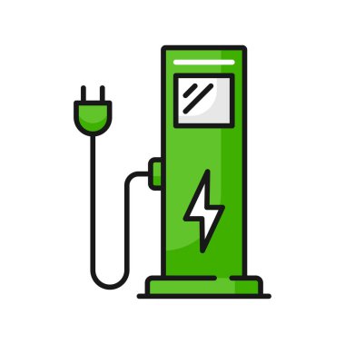 Charging point station for hybrid vehicles and cars isolated green eco electric fuel pump with thunder bolt color icon. Electric car recharging station