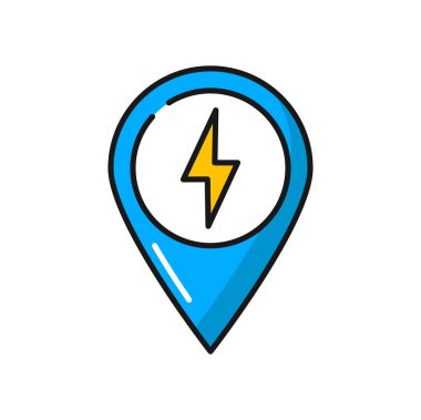 Pinpoint, map point with bolt power sign isolated color line icon. Vector place on map, location where you can charge electric car, charging station