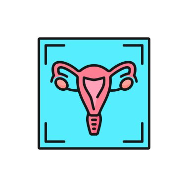 MRI diagnostics, uterus tomography or radiology scan, MRT and CT diagnosis, vector color icon. MRI or magnetic resonance imaging of woman uterus health for cancer or tumor, medical diagnostics