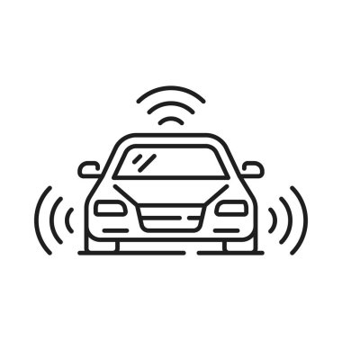 Driverless car or self driving vehicle icon with smart sensors, vector future technology. Self driving car or autonomous vehicle with automatic transport system of road radars and cameras