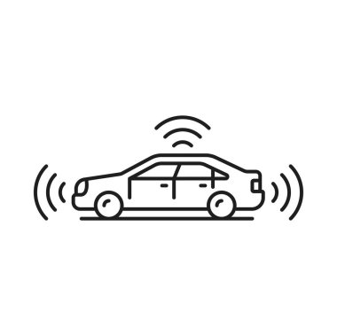 Driverless car icon, self driving smart vehicle technology, vector line symbol. Driverless car with traffic sensor controls and drive lidars for safe transportation of self driving vehicles