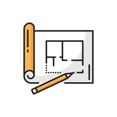 House architect development plan, technical drawing project scheme and pencil outline icon. Vector paper plan draft, technical architecture document and pen