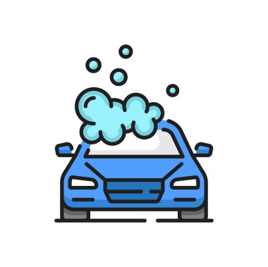 Car wash icon, auto clean service and care vector pictogram of soap and water bubbles. Car hand wash service or automatic cleaner and waxing polish or washer station, line sign