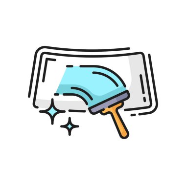 Car care wash and clean service icon, window glass cleaning, line vector. Car care or hand wash service for windshield glass with squeegee sponge, clean shine linear pictogram